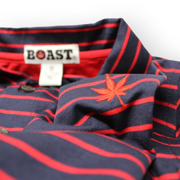 BOAST USA Men Medium Classic Jersey Striped Polo Shirt Navy Red Cotton Leaf Logo - Picture 5 of 14